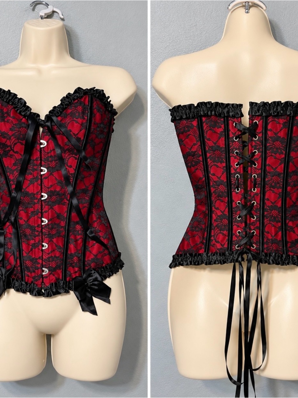 Red Black Lace Corset Bustier Top Lace Up Gothic Vampire Burlesque Boned Medium